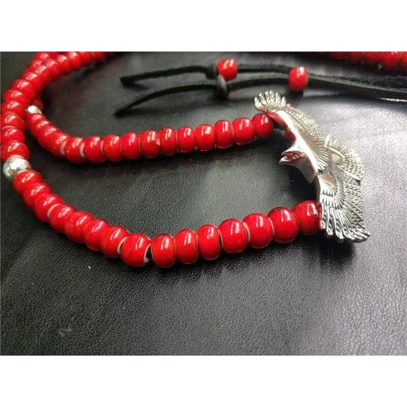 Handmade Indian Style Sterling Silver 925 Eagle Pendant Bead Necklace Men Women Deerskin Leather Long Necklace Customize Jewelry