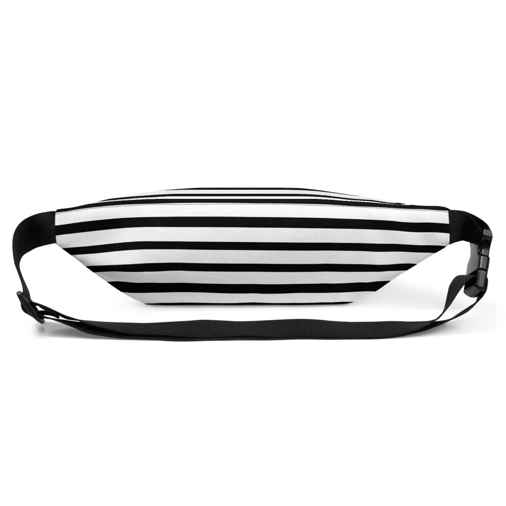 Horizontal Striped Fanny Pack, Black White Striped Print Designer Festival Fanny Pack Belt Bag- Made in USA