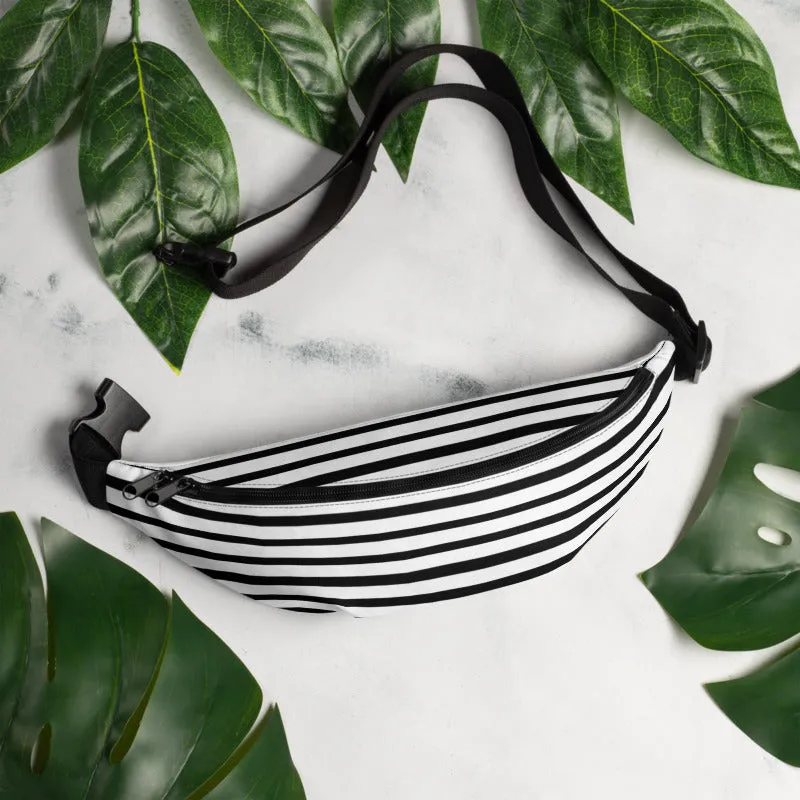 Horizontal Striped Fanny Pack, Black White Striped Print Designer Festival Fanny Pack Belt Bag- Made in USA