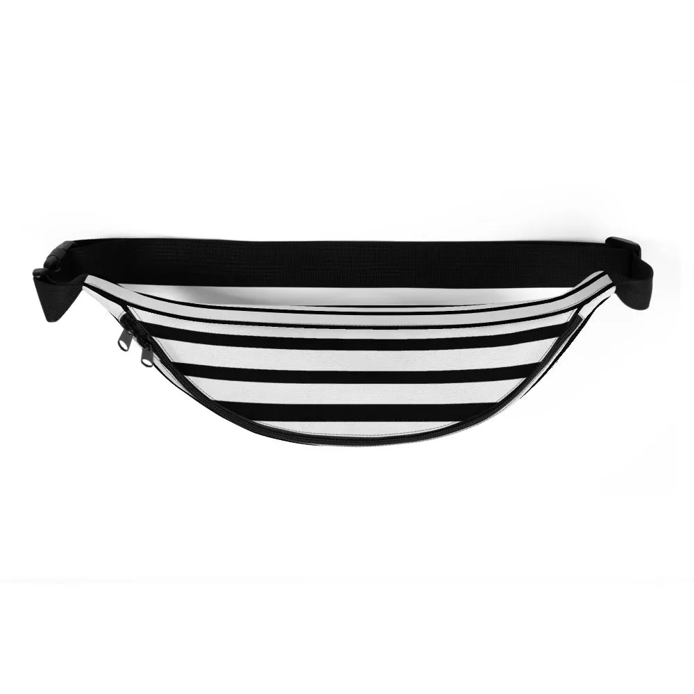 Horizontal Striped Fanny Pack, Black White Striped Print Designer Festival Fanny Pack Belt Bag- Made in USA