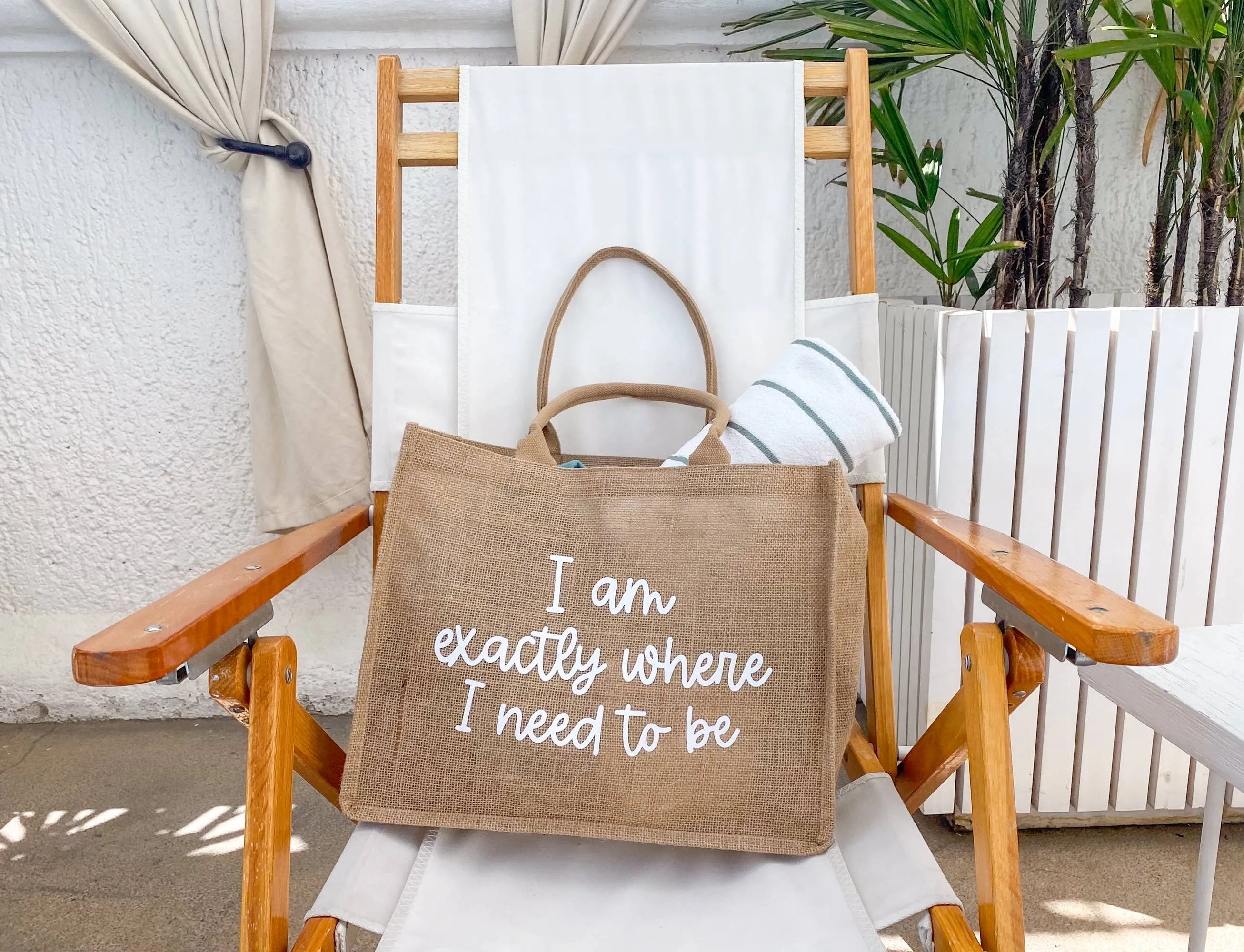 I am Exactly Where I need to Be Burlap Tote Bag, Beach Bag