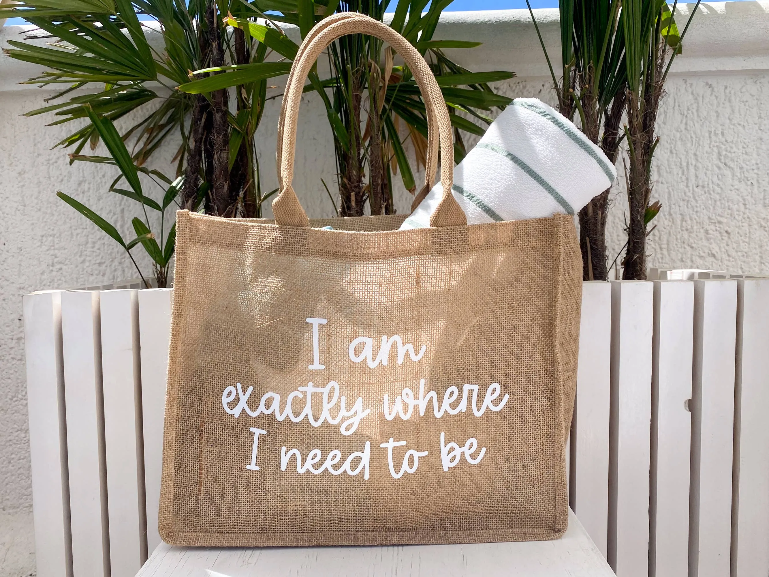 I am Exactly Where I need to Be Burlap Tote Bag, Beach Bag