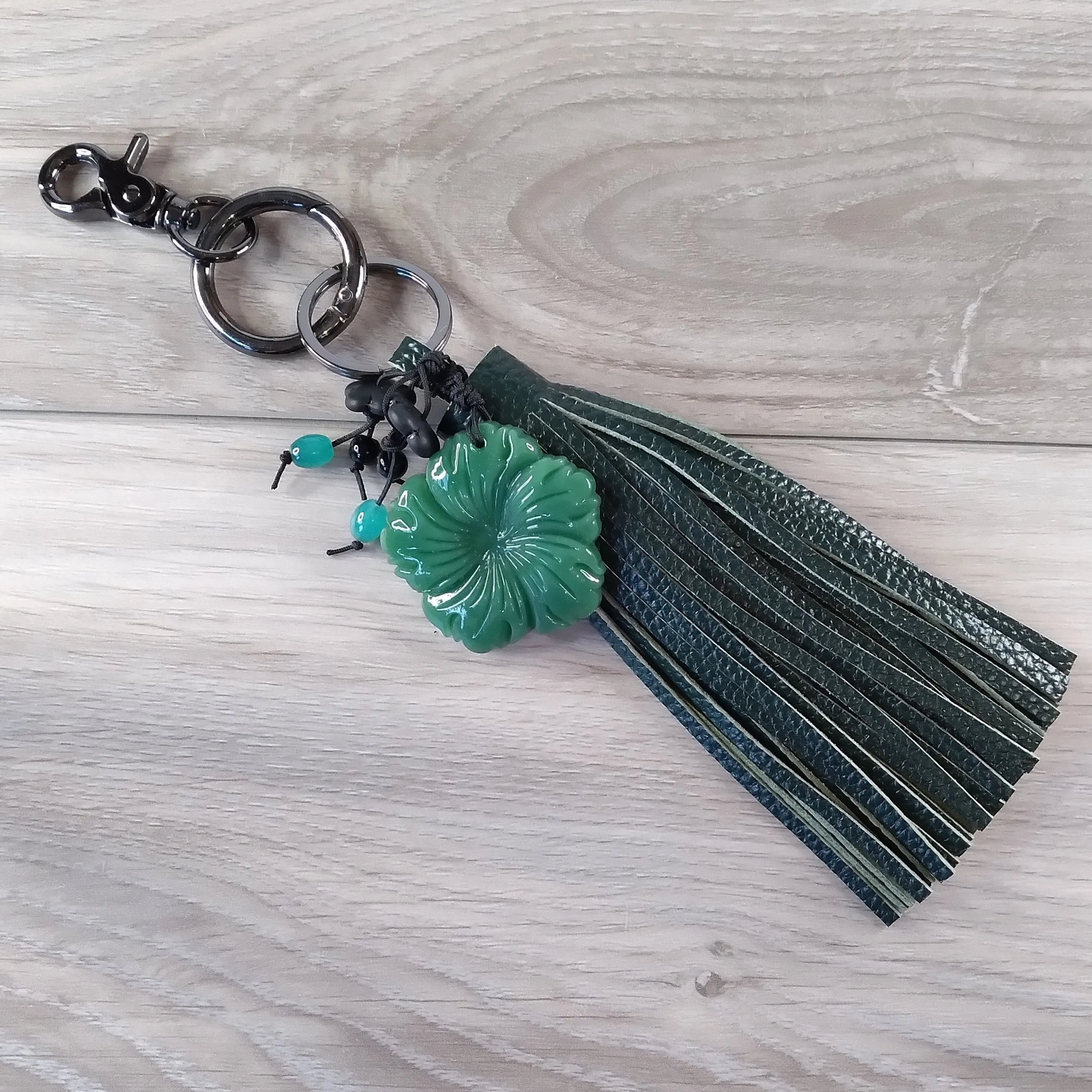 Jade Flower Key Chain Green Leather Tassel