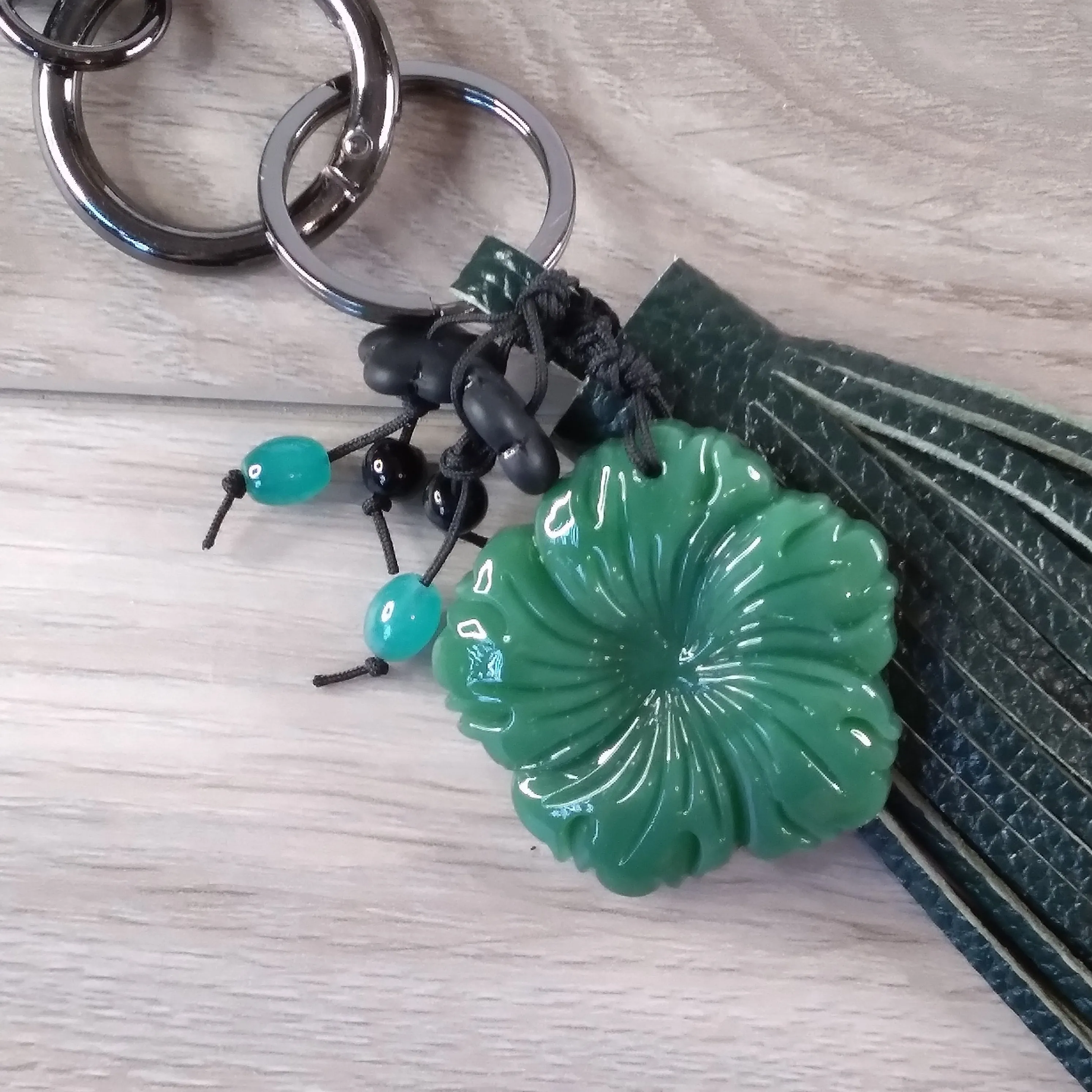 Jade Flower Key Chain Green Leather Tassel