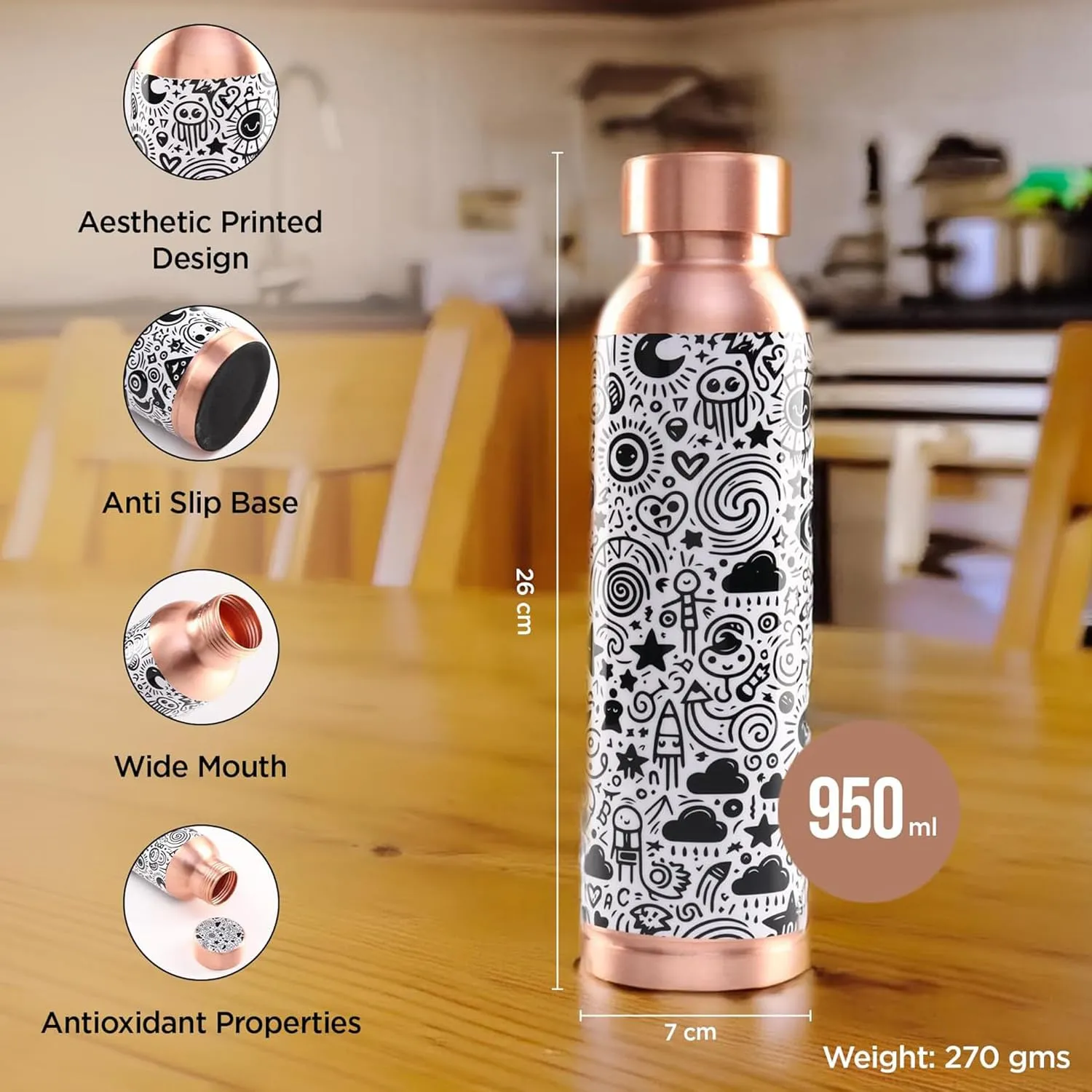 Kuber Industries Pack of 3 Copper Water Bottle - Non-Toxic & Leakproof Tamaba Bottle for Office/Gym/Yoga/College, Men & Women - 950ml | Black & White