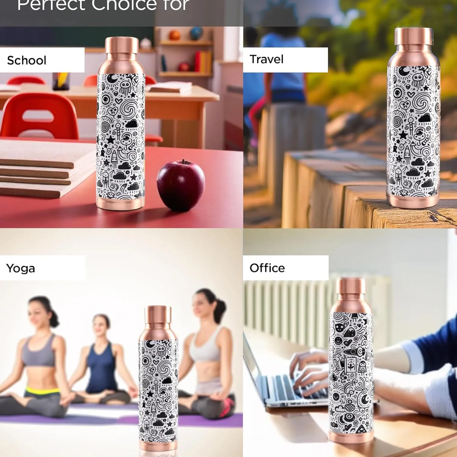 Kuber Industries Pack of 3 Copper Water Bottle - Non-Toxic & Leakproof Tamaba Bottle for Office/Gym/Yoga/College, Men & Women - 950ml | Black & White