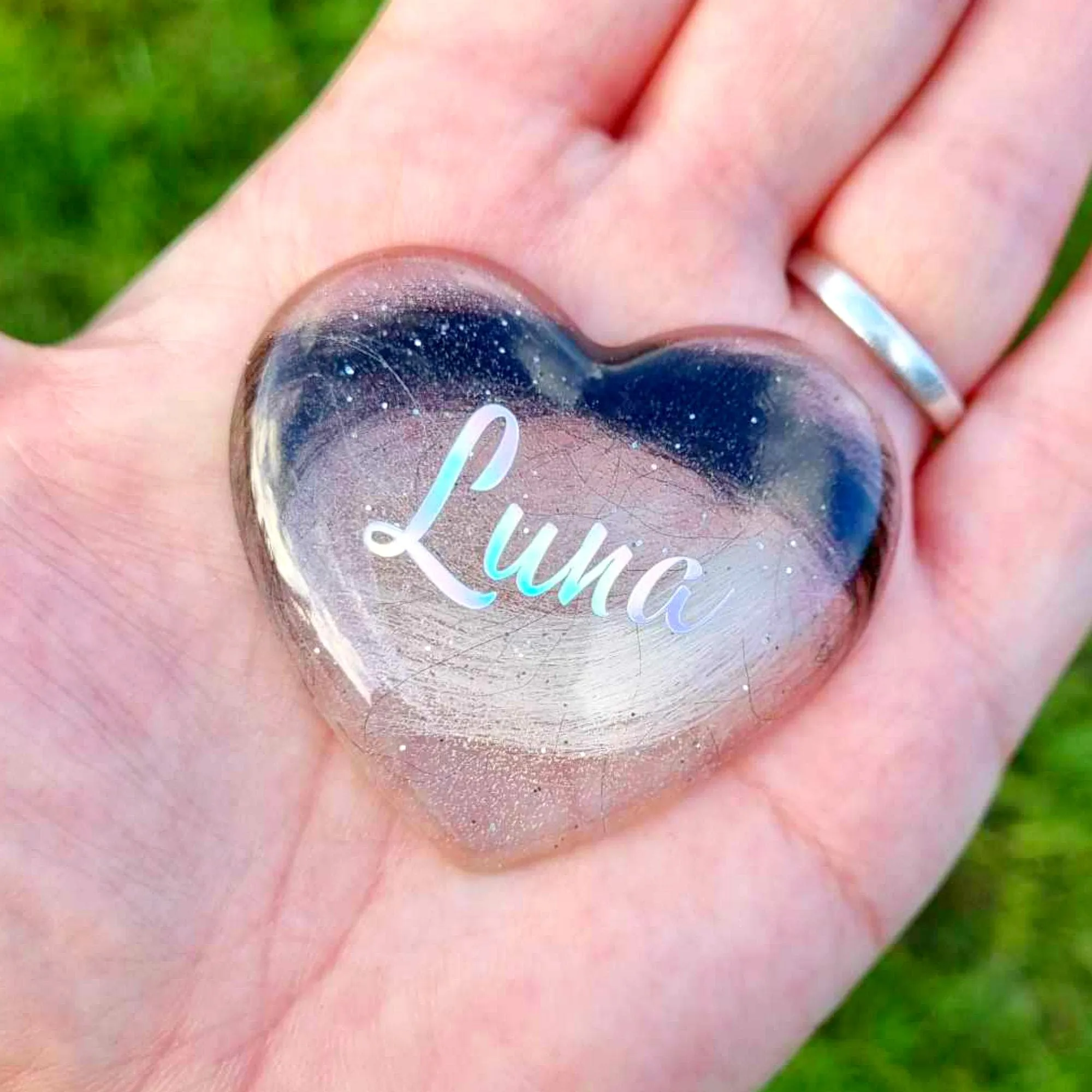 Lock of pet fur palm stone memorial heart, Eco friendly resin