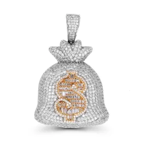 Luxe Layers Rose Gold Plated Sterling Silver Cubic Zirconia 33X55MM Money Bag $ Dollar Sign Pendant. Chain Not Included