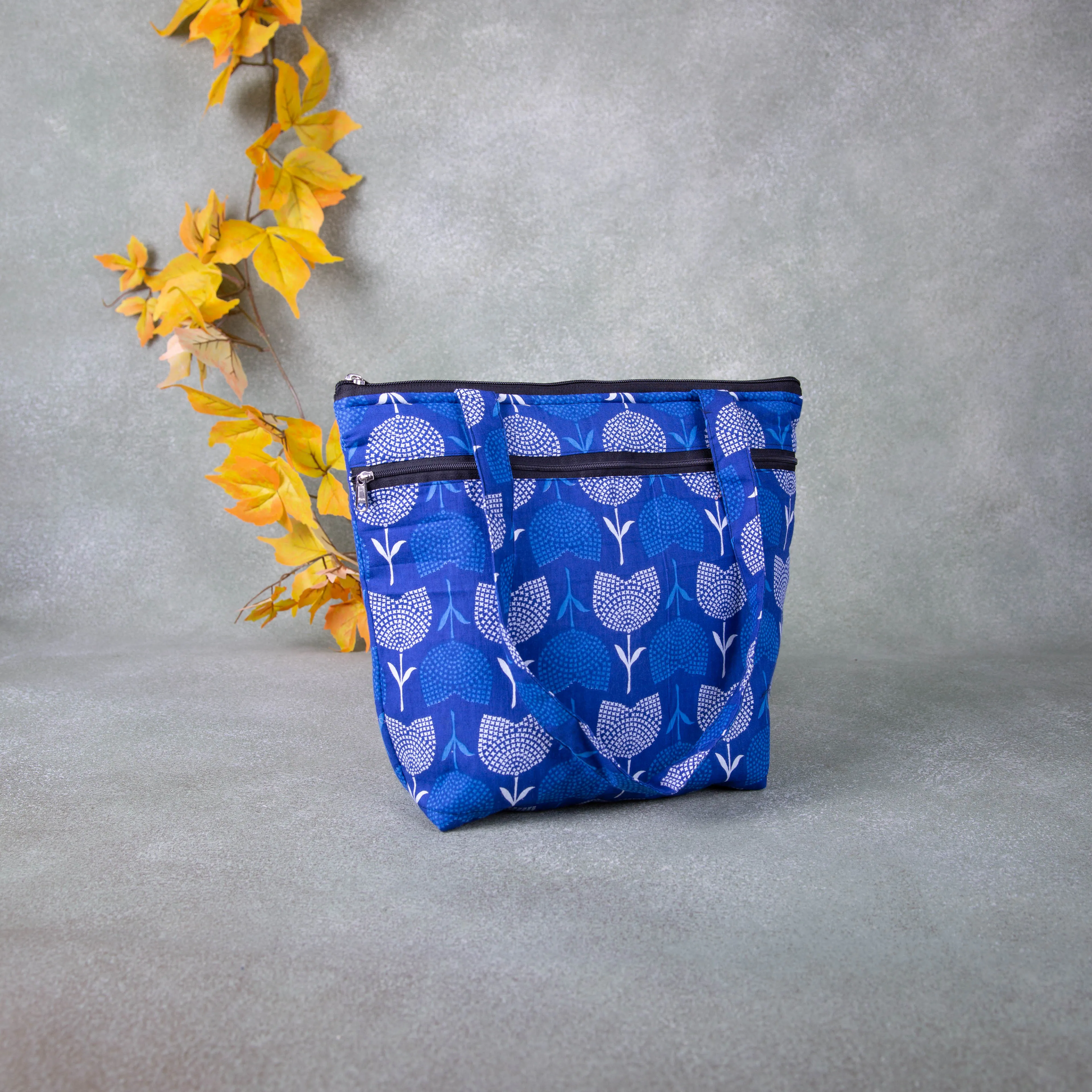 Medium Size Handbag Blue with White Big Flower Design.