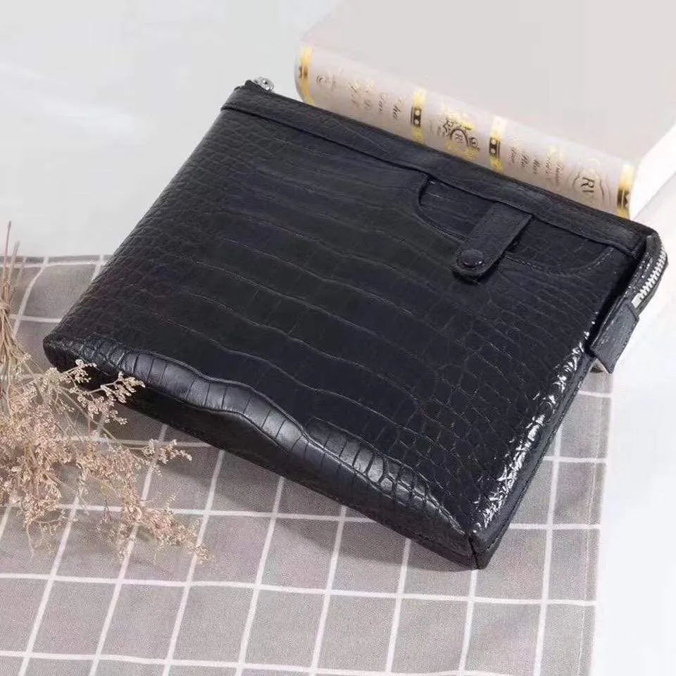 Mens Black Crocodile Leather Hand Carry Envelope Clutch Bag