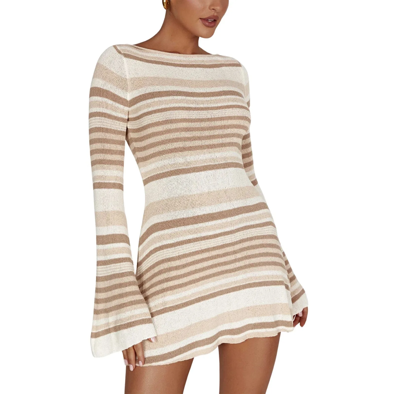 Mini Y2k Long Sleeve Backless Striped Cutout Tie Back Short Sweater Party Clubwear Casual Knitted Dress