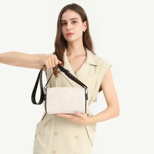 Miss Lulu Genuine Leather Crossbody Bag - Elegant Wide Strap Crossbody in Beige for Daily & Special Use