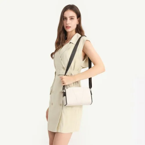 Miss Lulu Genuine Leather Crossbody Bag - Elegant Wide Strap Crossbody in Beige for Daily & Special Use