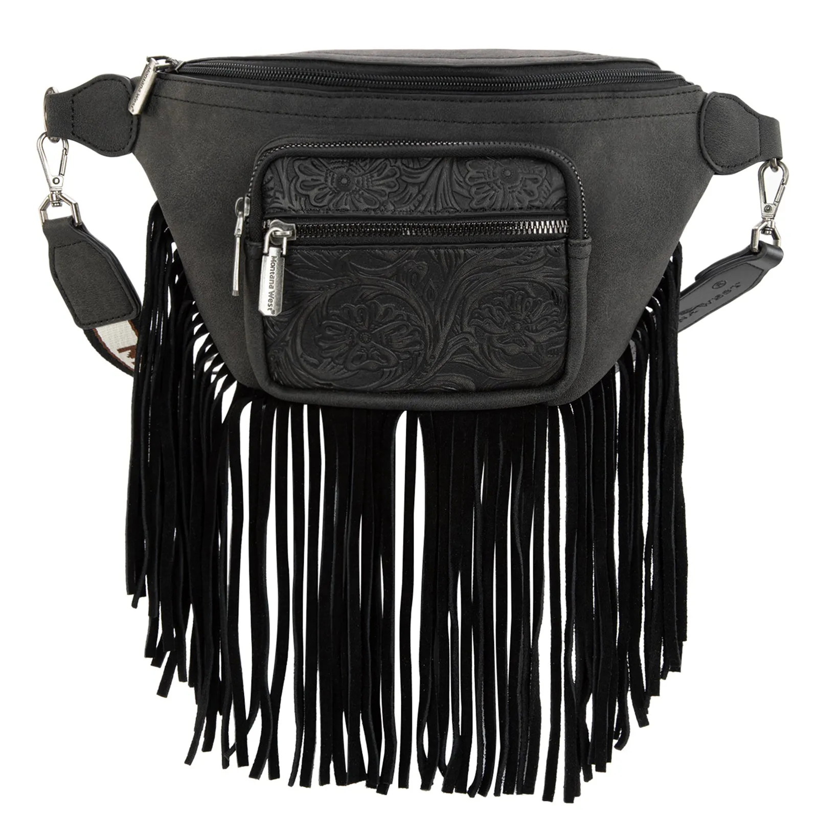 MW1276-194 Montana West Floral Tooled Fringe  Fanny Pack - Black