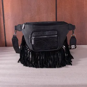 MW1276-194 Montana West Floral Tooled Fringe  Fanny Pack - Black