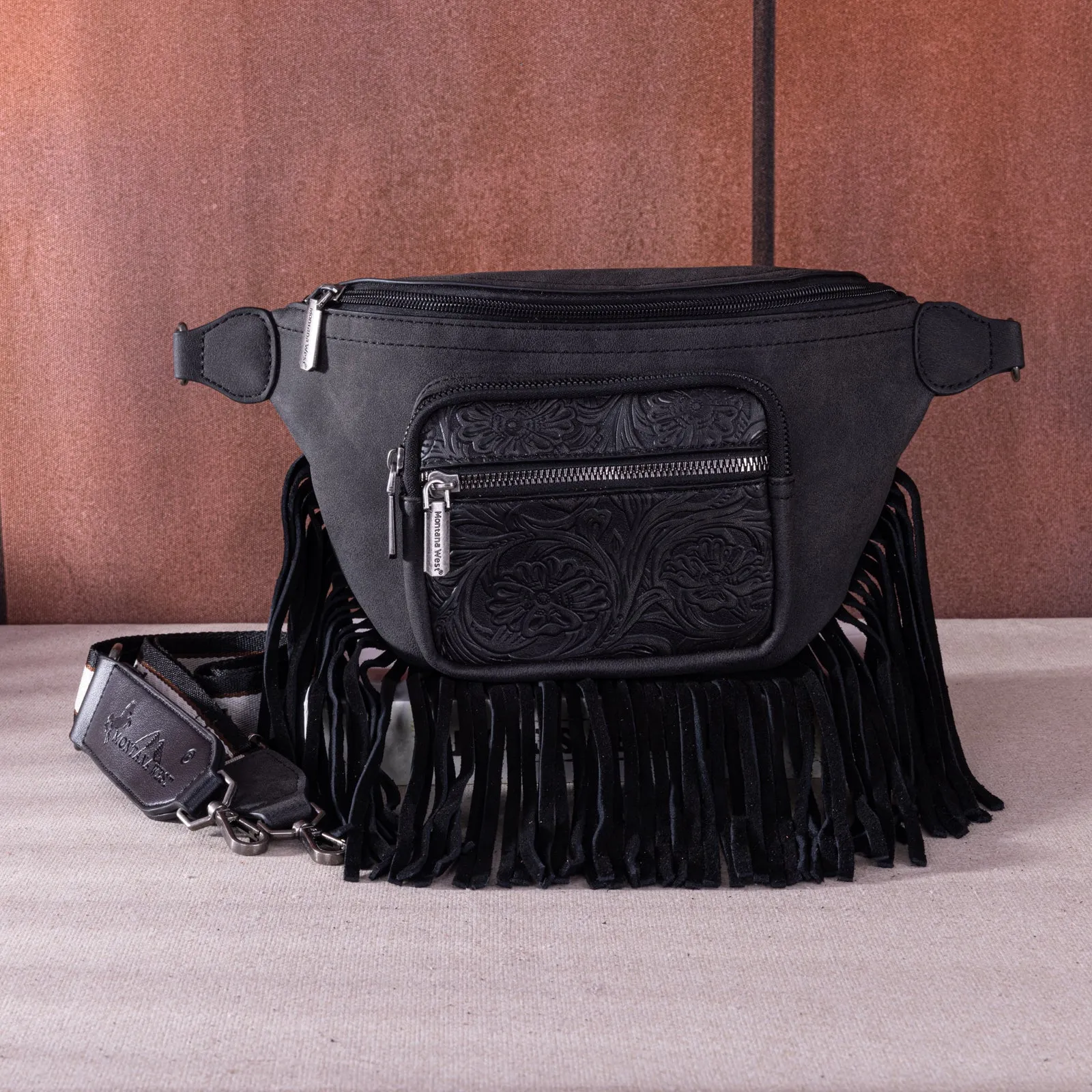 MW1276-194 Montana West Floral Tooled Fringe  Fanny Pack - Black