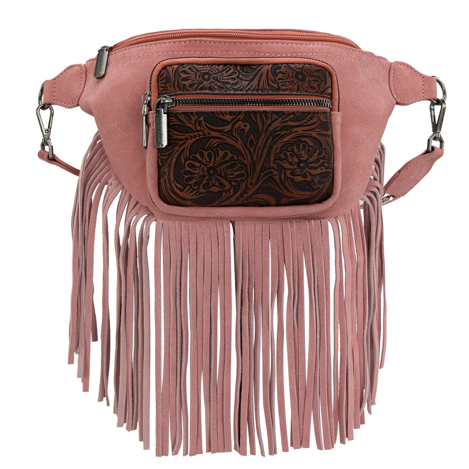 MW1276-194 Montana West Floral Tooled Fringe  Fanny Pack - Pink