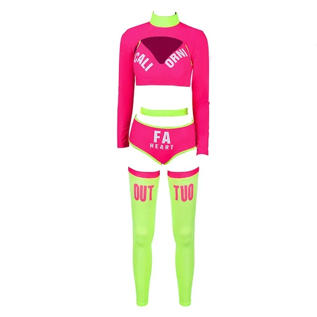 Neon Cheerleader Costume Rave Set with Accessories