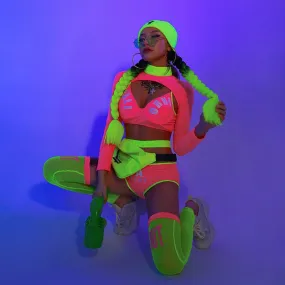 Neon Cheerleader Costume Rave Set with Accessories