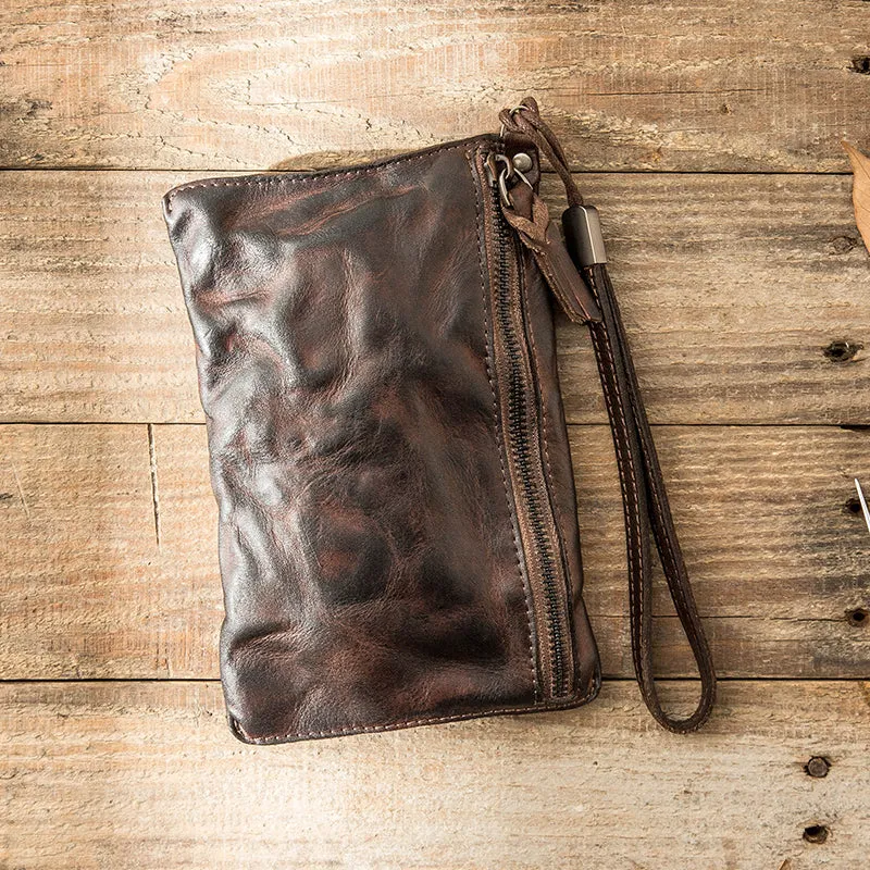 Original Leather Handmade Clutch bag Retro Zipper Envelope Bag