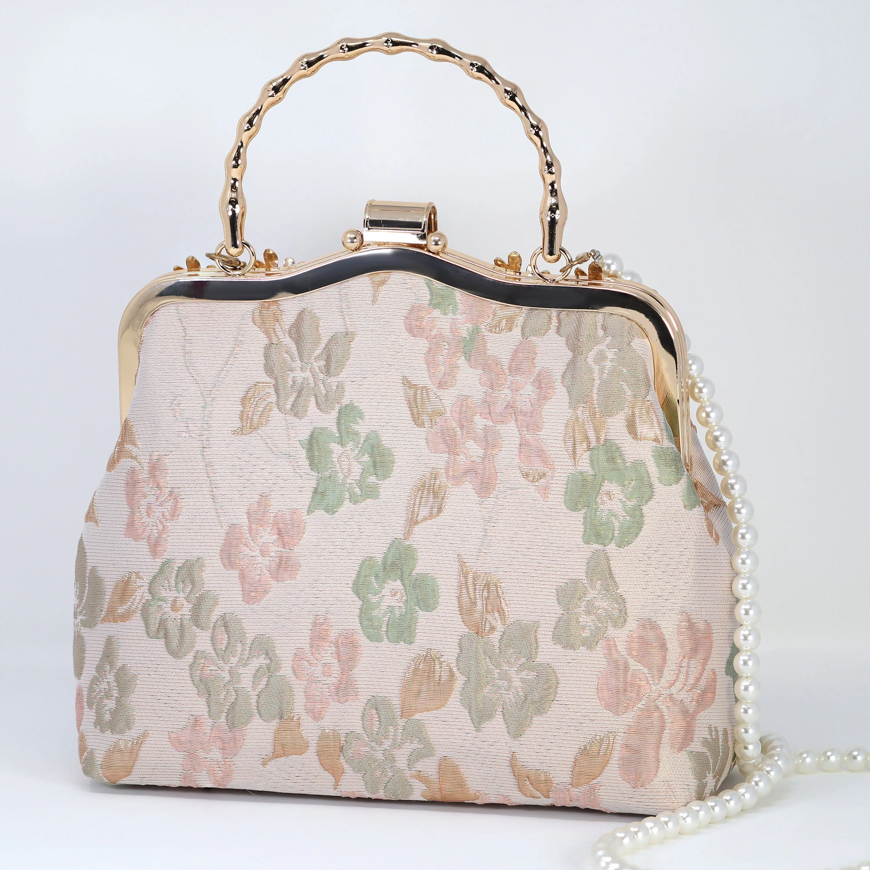 Peach Floral Immersive Gold Embroidered Fabric Floral Bridal Wedding Bag, Statement Bag, Evening Wedding Clutch, Cross Body Bag