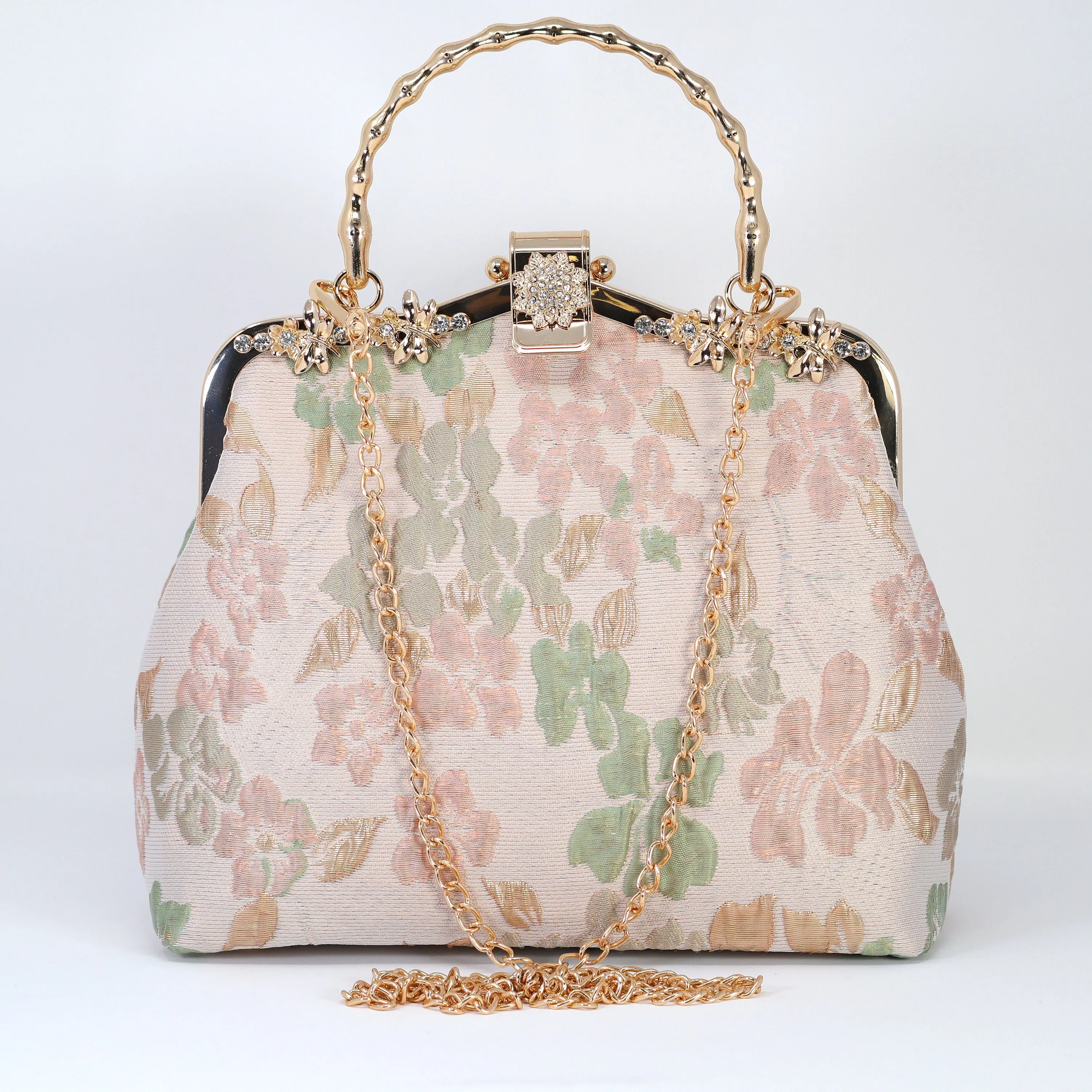 Peach Floral Immersive Gold Embroidered Fabric Floral Bridal Wedding Bag, Statement Bag, Evening Wedding Clutch, Cross Body Bag