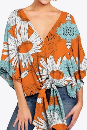 Printed Deep V Tie Hem Blouse