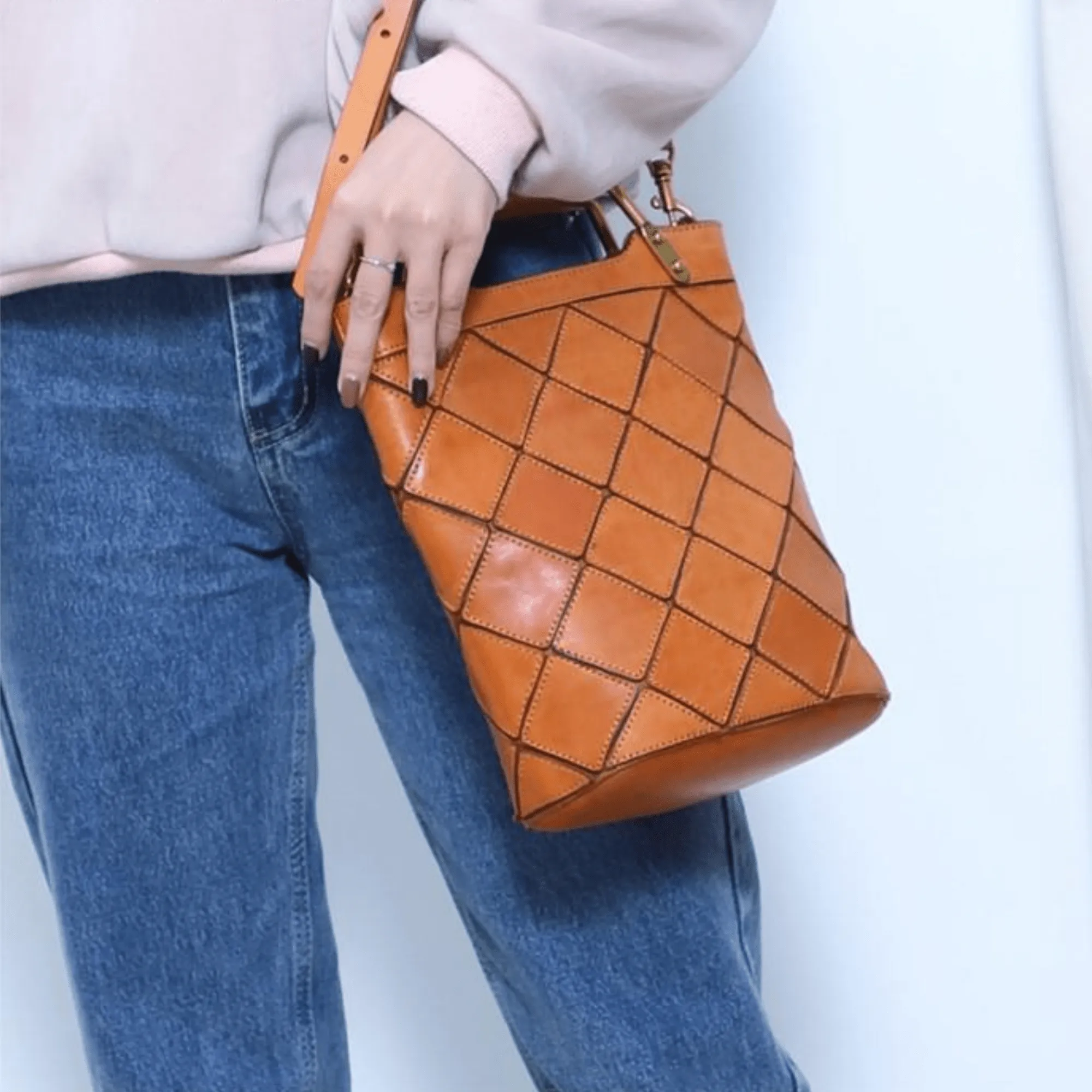 "Retro-Plaid" Genuine Leather Shoulder Handbag