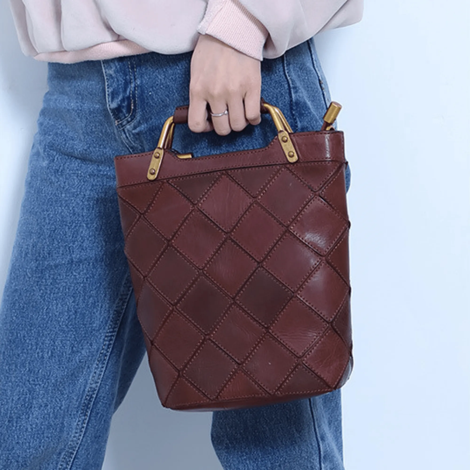 "Retro-Plaid" Genuine Leather Shoulder Handbag