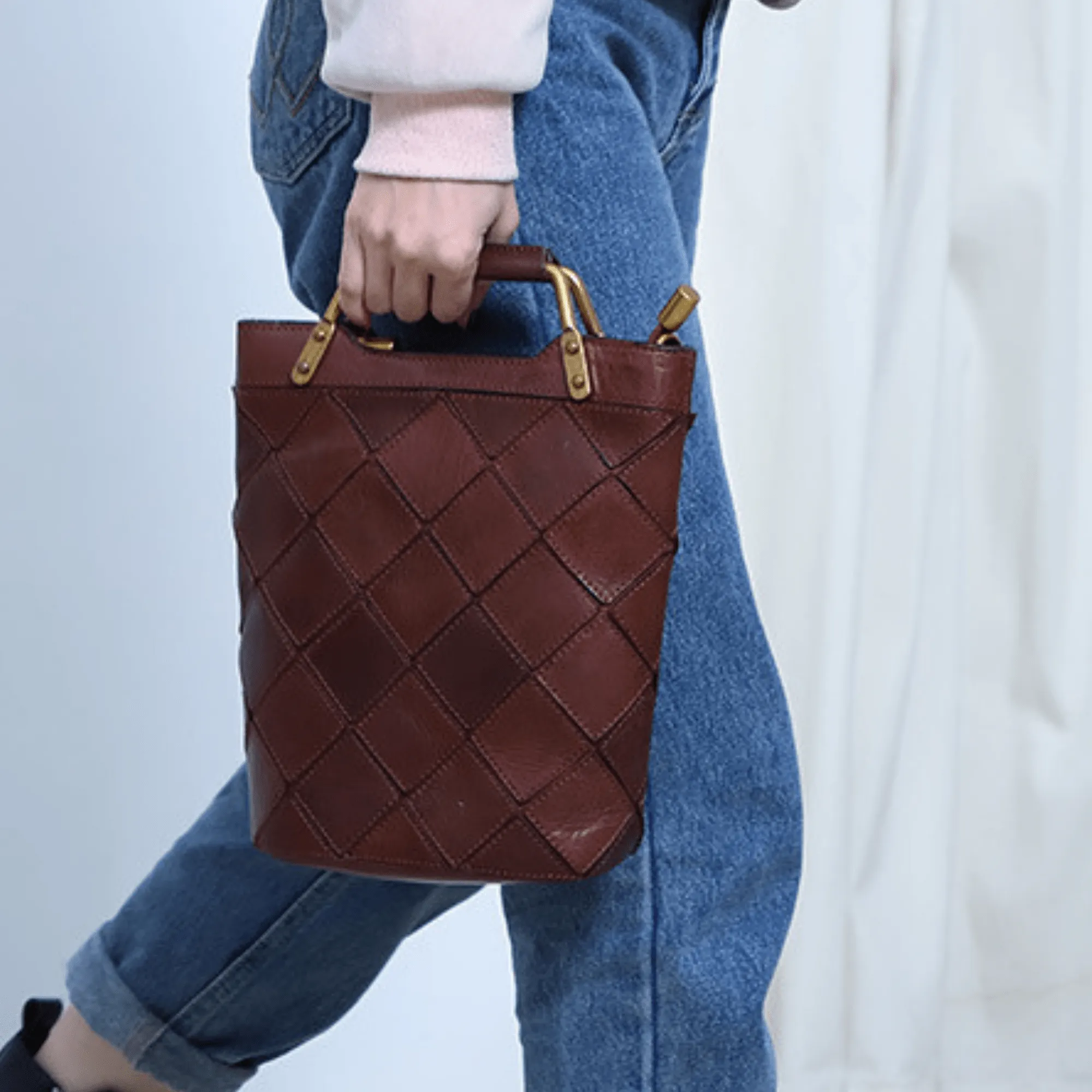 "Retro-Plaid" Genuine Leather Shoulder Handbag