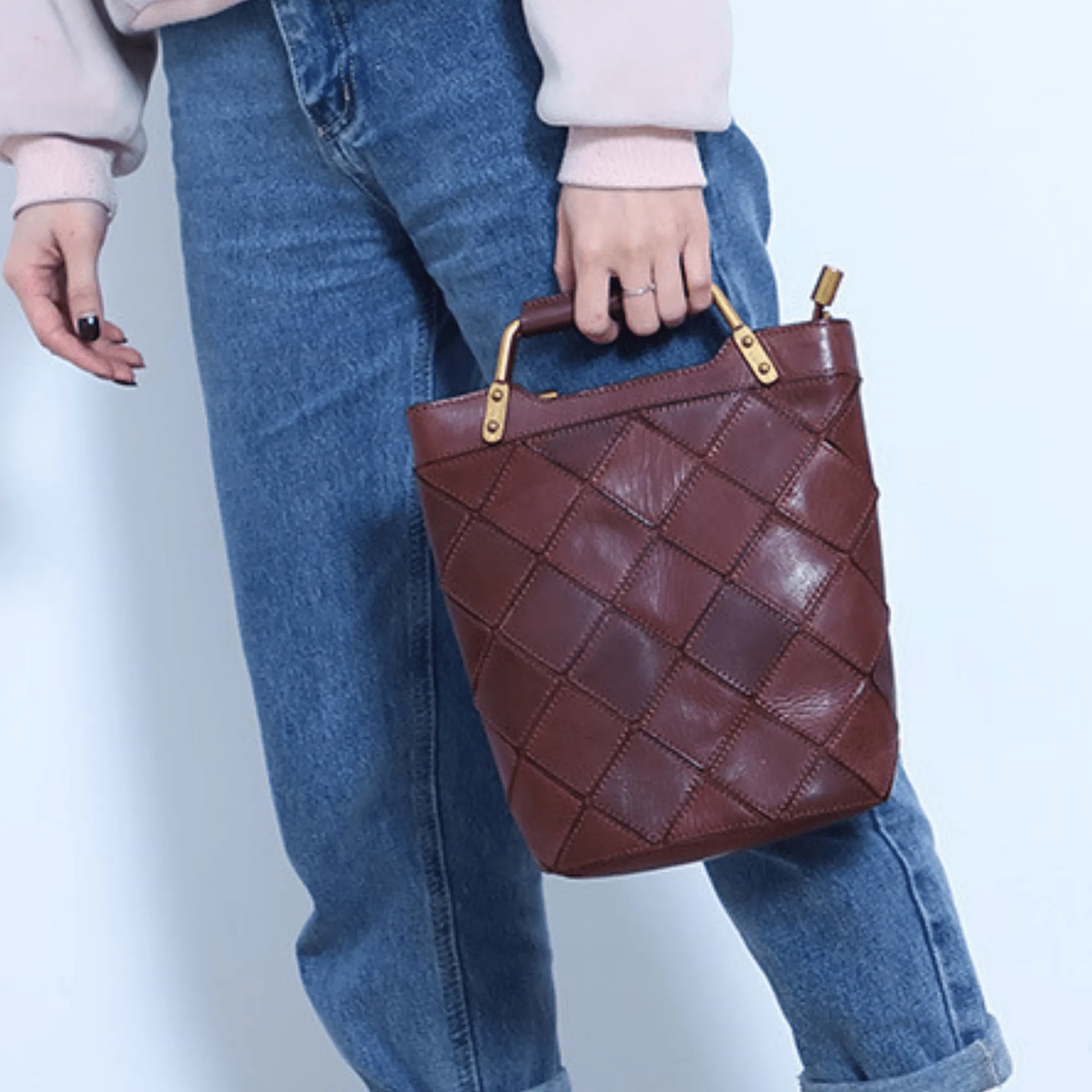 "Retro-Plaid" Genuine Leather Shoulder Handbag