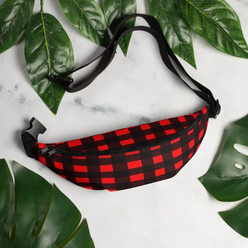 Red Buffalo Fanny Pack, Plaid Print Canadian Style Belt Bag Fanny Pack Belt Waist Bag- Made in USA/EU