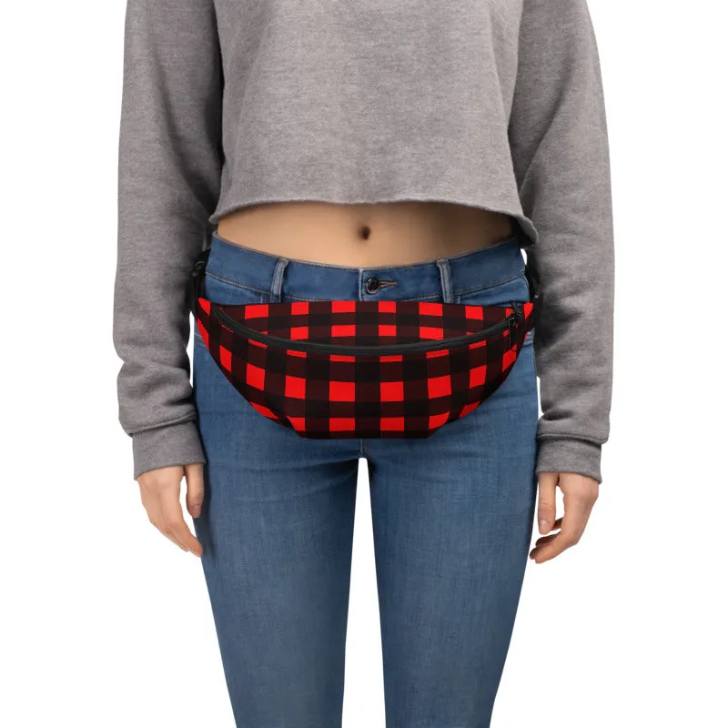 Red Buffalo Fanny Pack, Plaid Print Canadian Style Belt Bag Fanny Pack Belt Waist Bag- Made in USA/EU