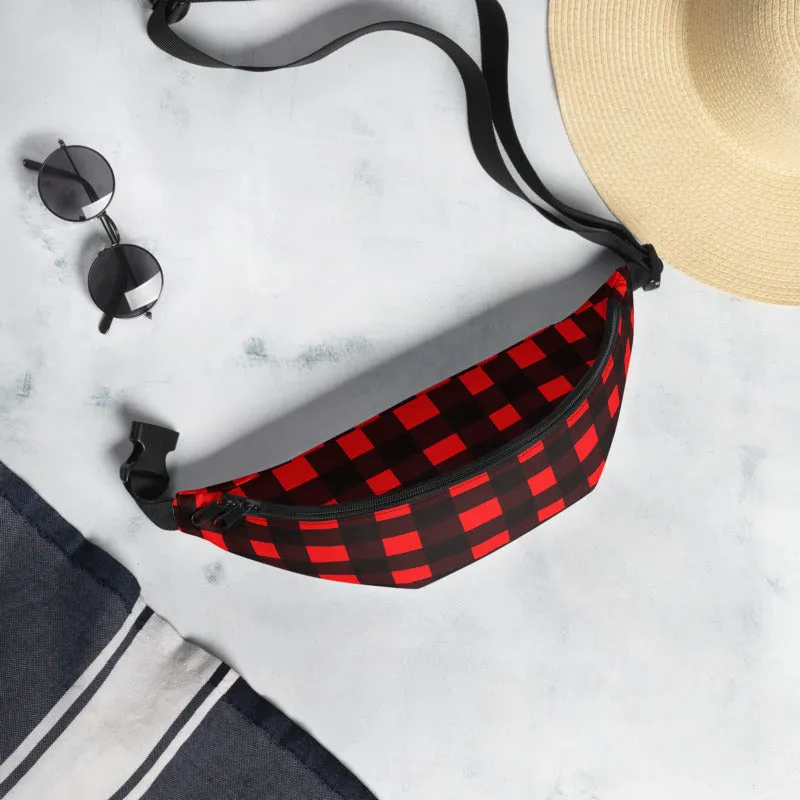 Red Buffalo Fanny Pack, Plaid Print Canadian Style Belt Bag Fanny Pack Belt Waist Bag- Made in USA/EU