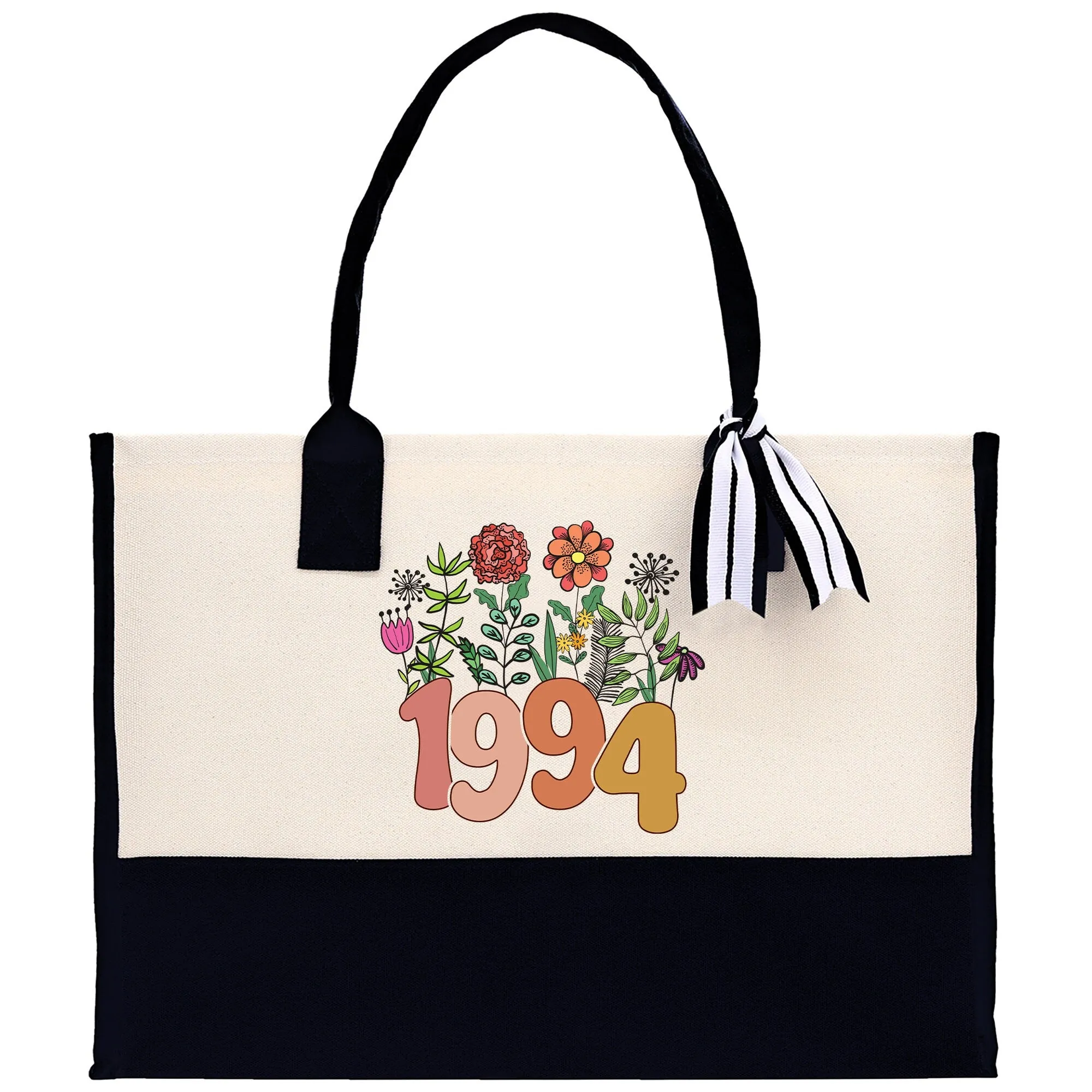 Retro Wildflower 30th Birthday Celebration Gift Canvas Tote Bag 30th Birthday Gift Tote Bag for Her Custom Birthday Gift (RWT1001)