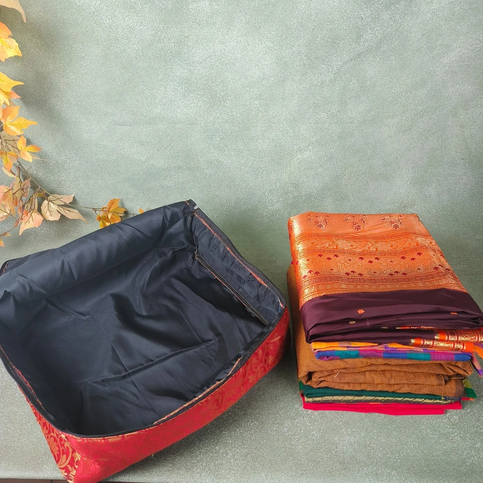 Saree Storage Bags Bright Green with Golden Flower Prints.