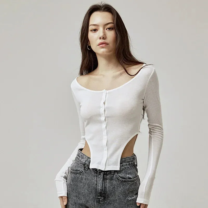 Side Hollow Out Irregular Hem Long Sleeve Top Trendy Button Up Cardigan Cropped Tshirt Women Autumn 2024 P85-BD15