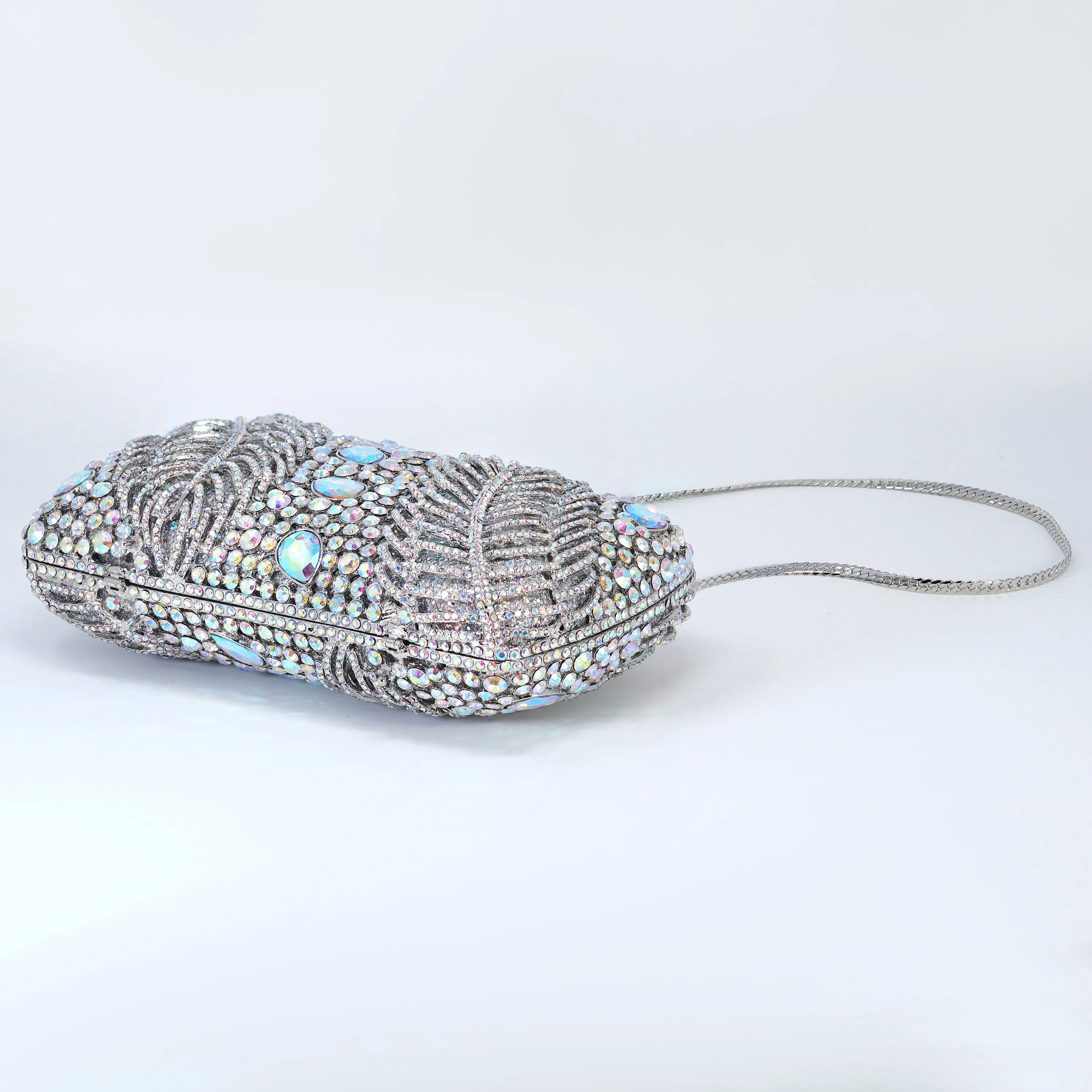 Silver Blue AB Crystal Embellished Falling Feathers Wedding Clutch, Statement Bag, Evening Wedding Clutch, Cross Body Bag