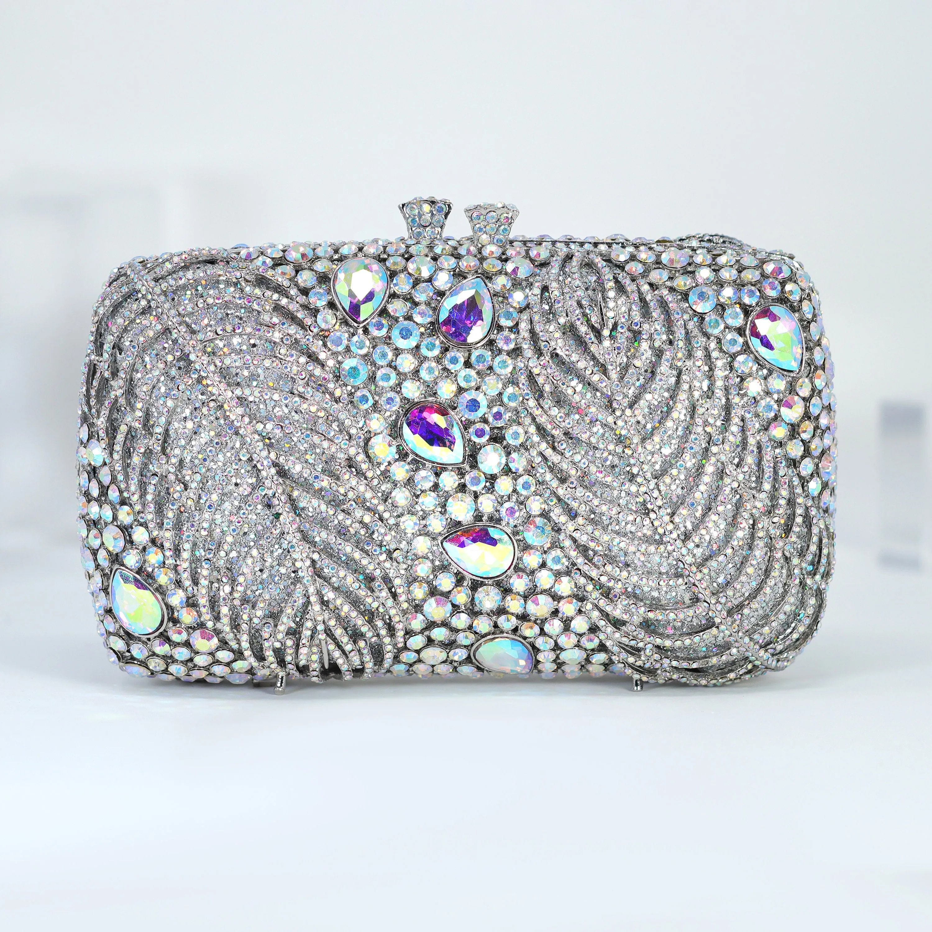 Silver Blue AB Crystal Embellished Falling Feathers Wedding Clutch, Statement Bag, Evening Wedding Clutch, Cross Body Bag