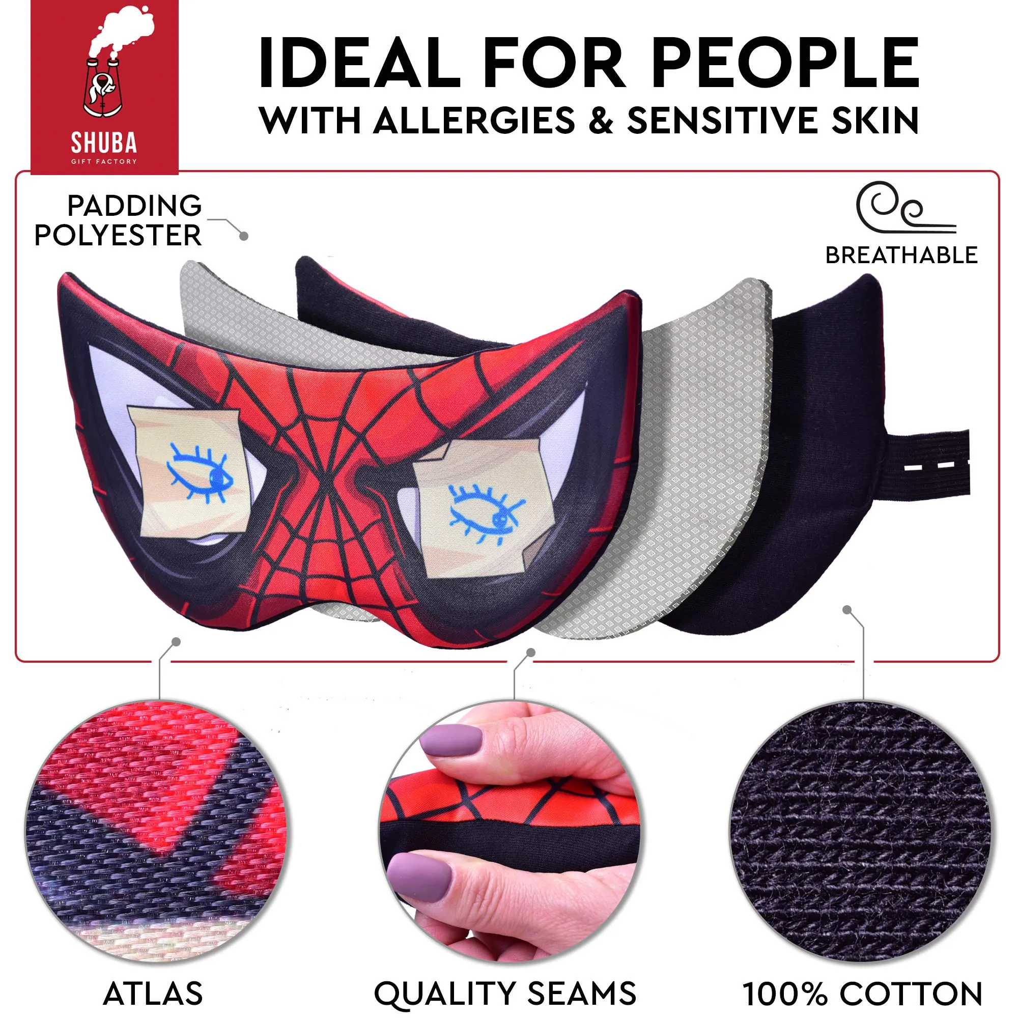 Sleep Mask Spiderman Comics for Men Children Kids - Sleeping mask 100% Soft Cotton - Eye Sleeping Mask Night Cover Blindfold for Travel Airplane (Spiderman, Plastic Pack)