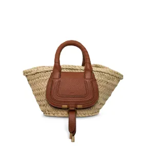 Small Marcie Basket Bag in Raffia Embellished Calfskin in Tan