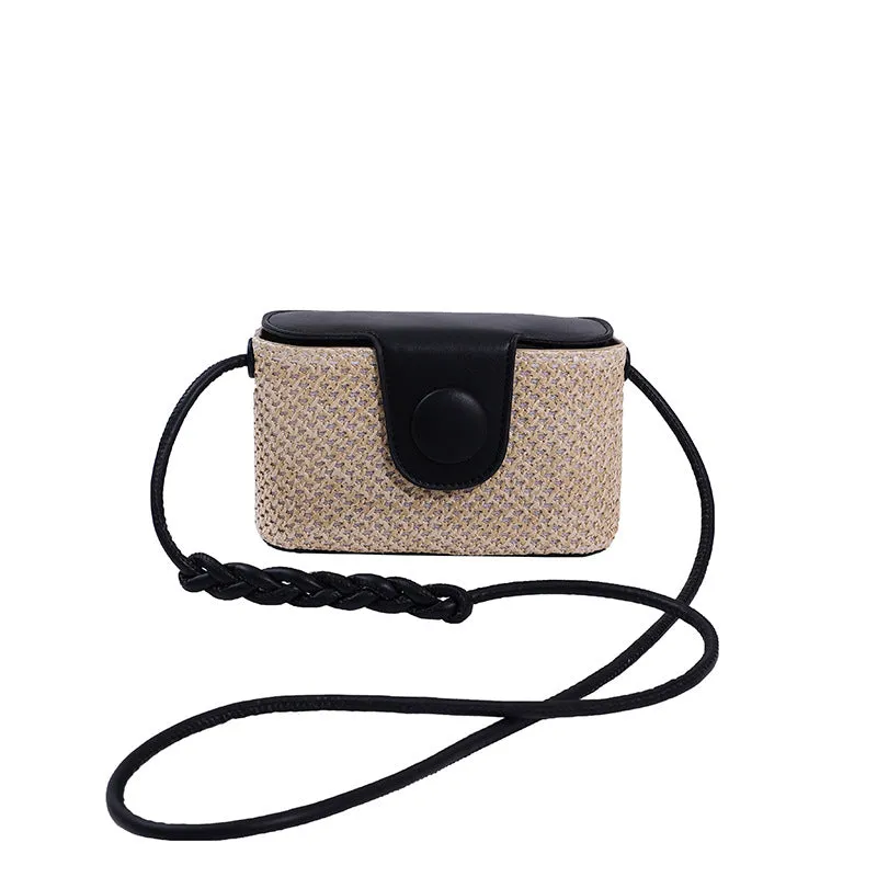 Sohiwoo Mini Cute Straw Crossbody Bag Solid Color Flap Shoulder Bag Versatile Vacation Bag