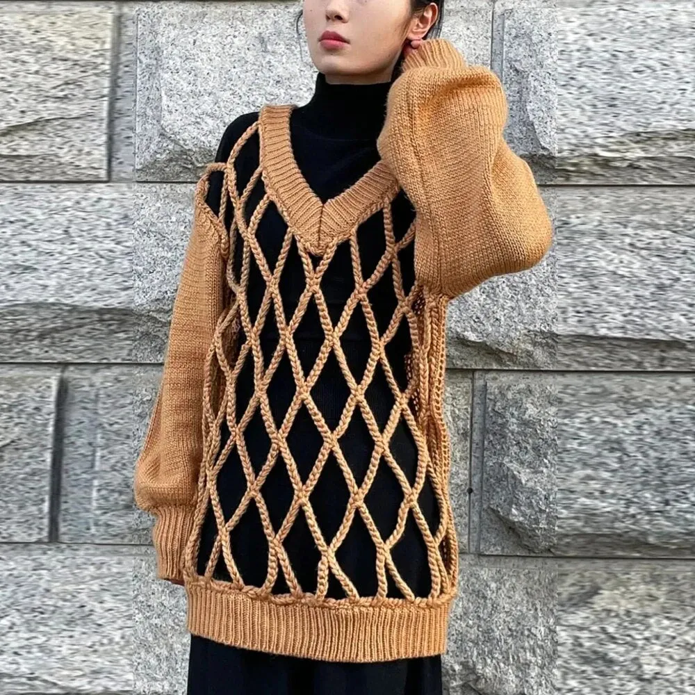 Solid Hollow Out Loose Knitting Sweaters For Women V Neck Long Sleeve Designer Casual Sweater Female Fashion