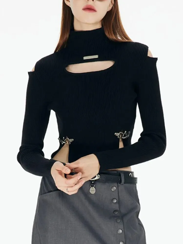 Solid Hollow Out Sexy Slimming Knitting Sweaters For Women Mock Neck Long Sleeve Cold Shoulder Sweater Female