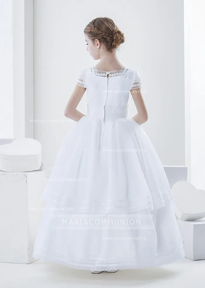 Square Neck Two Tiered Organza First Communion Dress With Flower At Waist