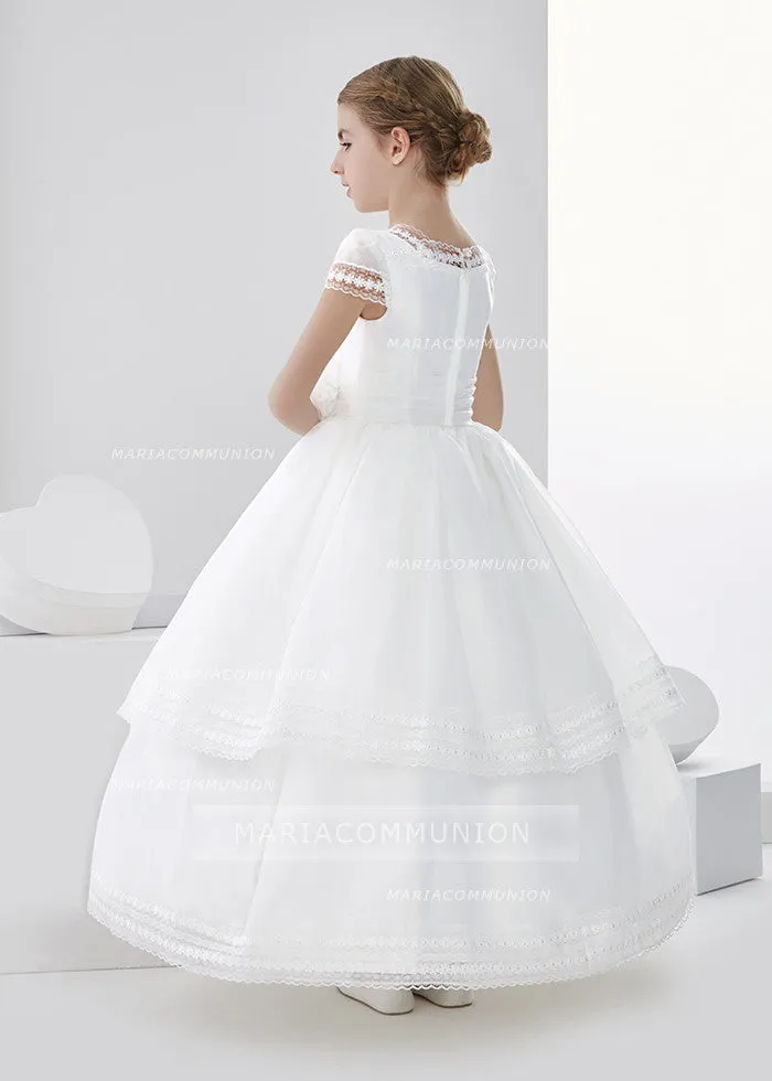 Square Neck Two Tiered Organza First Communion Dress With Flower At Waist