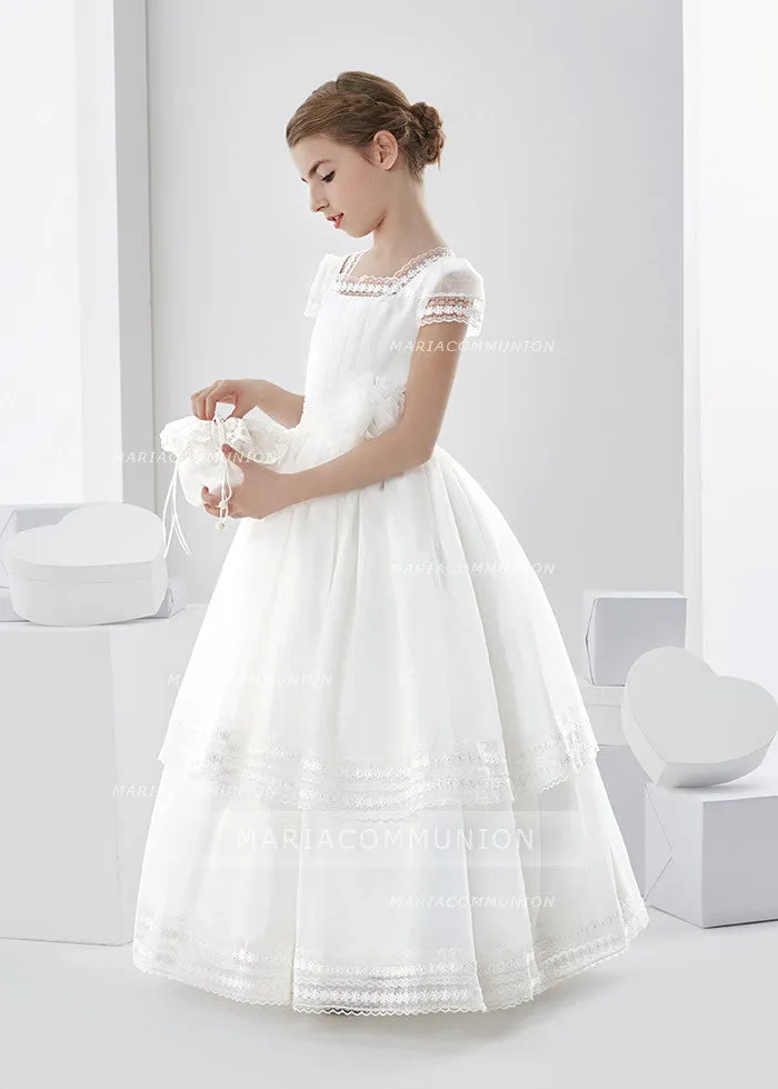 Square Neck Two Tiered Organza First Communion Dress With Flower At Waist