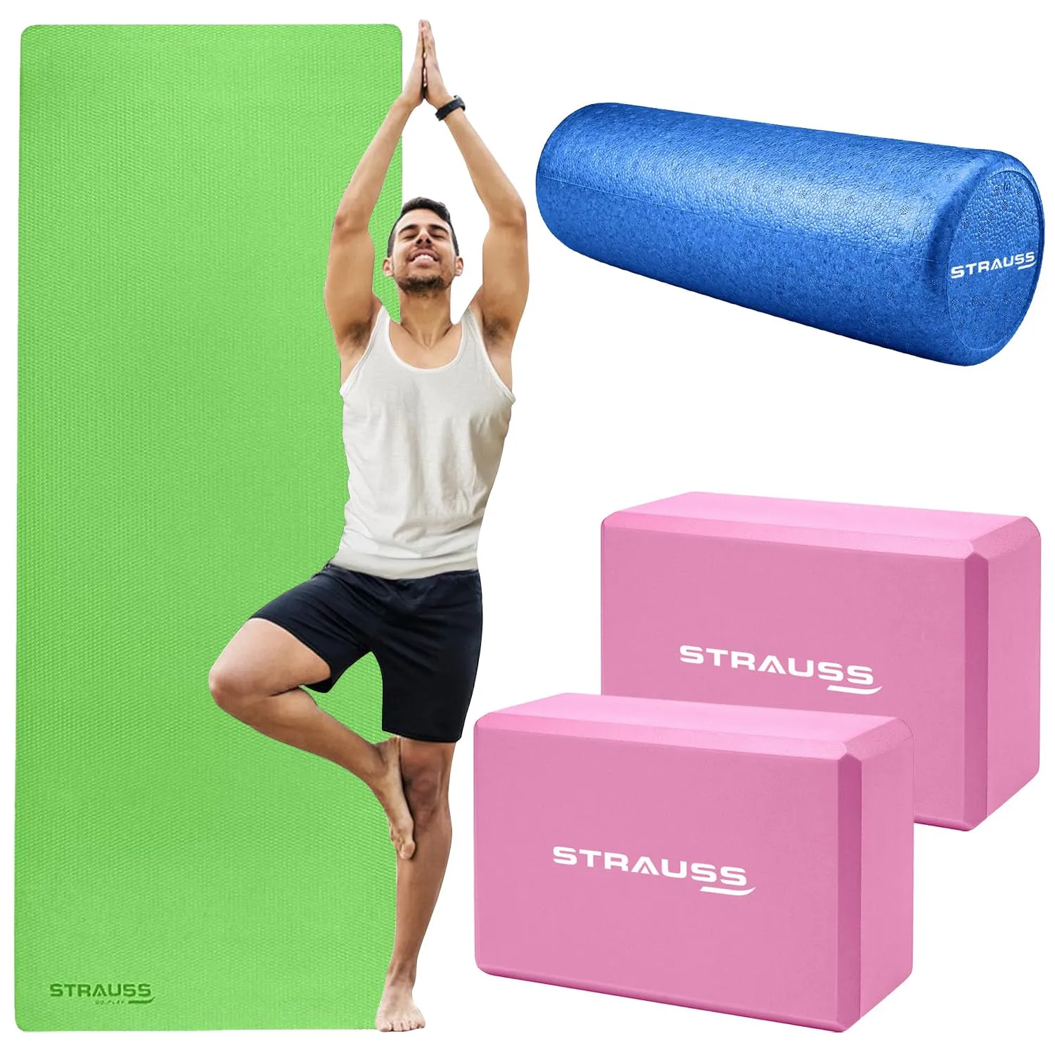 STRAUSS Yoga Combo Kit (1 Yoga Mat, 2 Yoga Blocks, 1 Foam Roller) | Green EVA Yoga Mat (6mm), 2 EVA Foam Pink Yoga Blocks, High Density Blue Foam Roller | Ideal for Yoga & Training