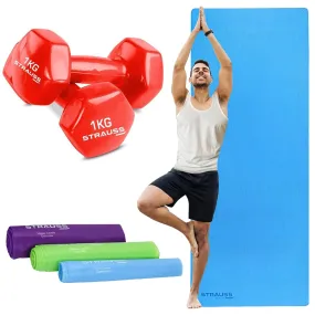 STRAUSS Yoga Combo Kit| 6mm Sky Blue EVA Yoga Mat| 3 Pack Multicolor Latex Resistance bands| 2 Red Dumbbells(1kg each), Ideal for Yoga & Training