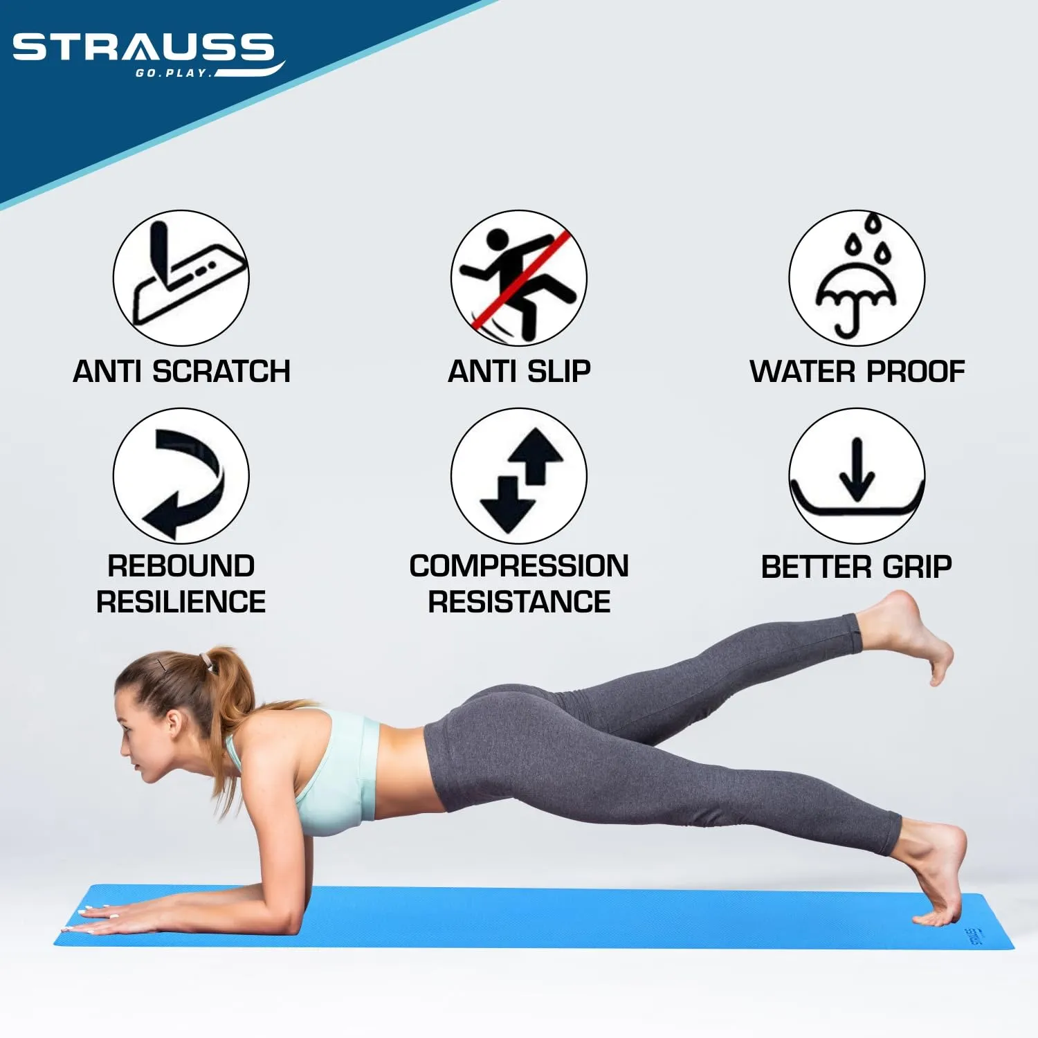 STRAUSS Yoga Combo Kit| 6mm Sky Blue EVA Yoga Mat| 3 Pack Multicolor Latex Resistance bands| 2 Red Dumbbells(1kg each), Ideal for Yoga & Training